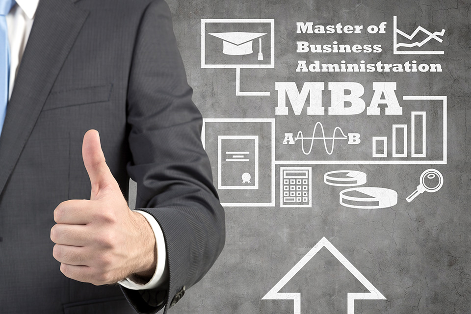 Professional with a thumbs-up gesture standing in front of MBA education icons and charts – Why Is a Global MBA Worth It? | The Red Pen